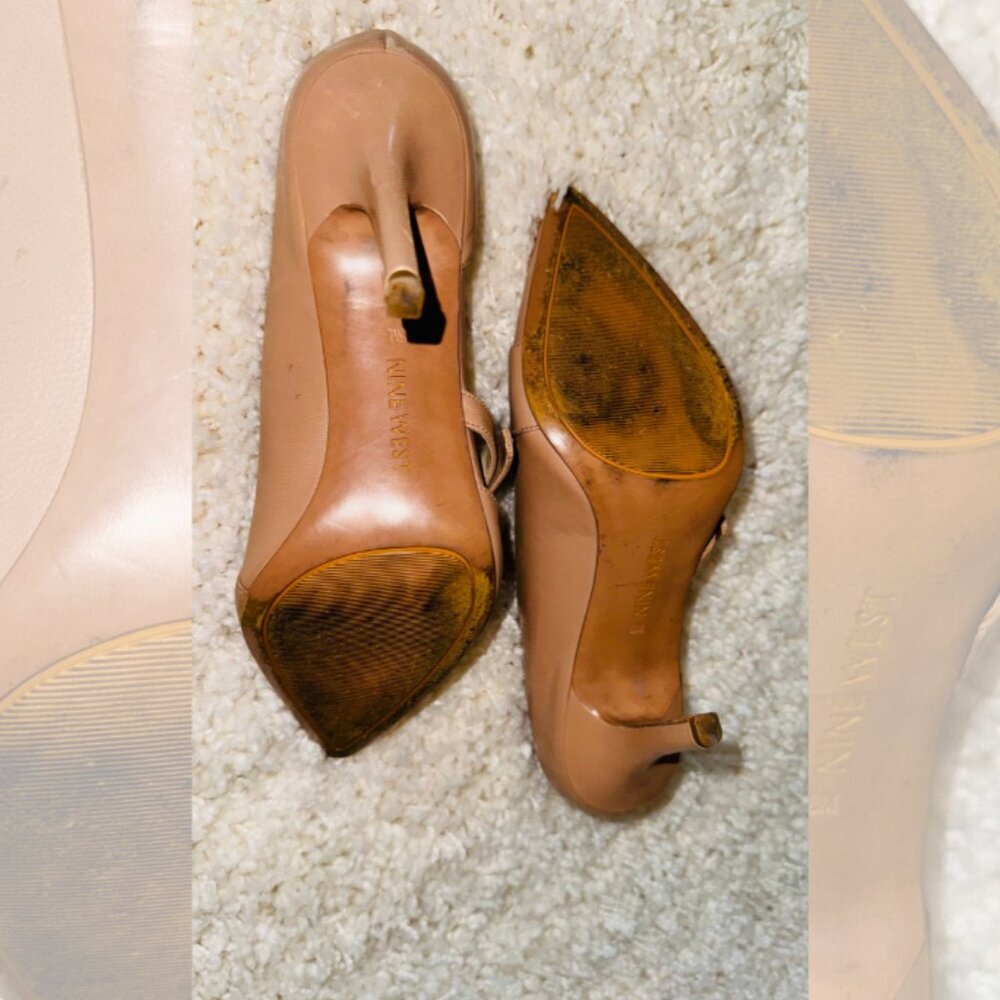 Nine West Womens Size 8M Leather Strap Buckle Pointed Toe Janice Pump Heels Tan - Picture 3 of 4